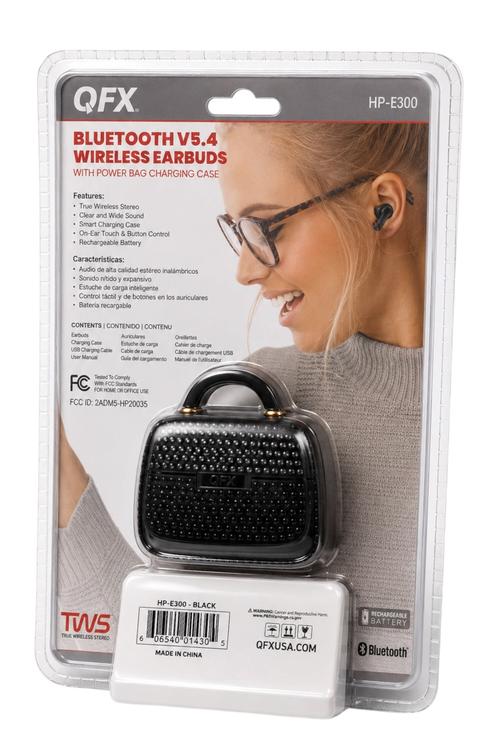 QFX Bluetooth 5.4 TWS Wireless Earbuds with Portable Charging Case, Built-in Mic and Up to 10 Hours Playtime Black HPE300