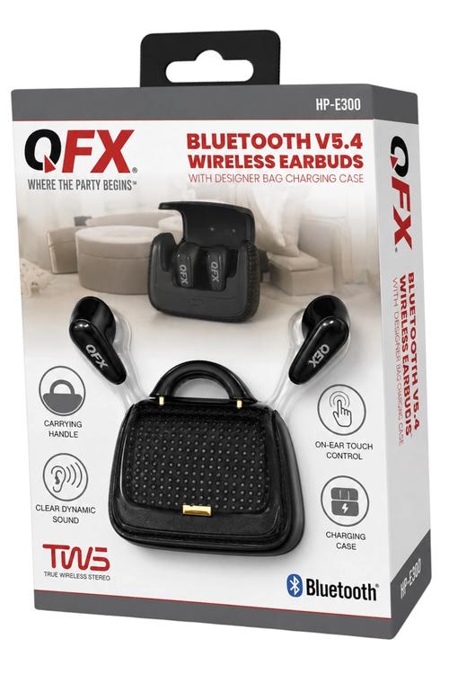 QFX Bluetooth 5.4 TWS Wireless Earbuds with Portable Charging Case, Built-in Mic and Up to 10 Hours Playtime Black HPE300