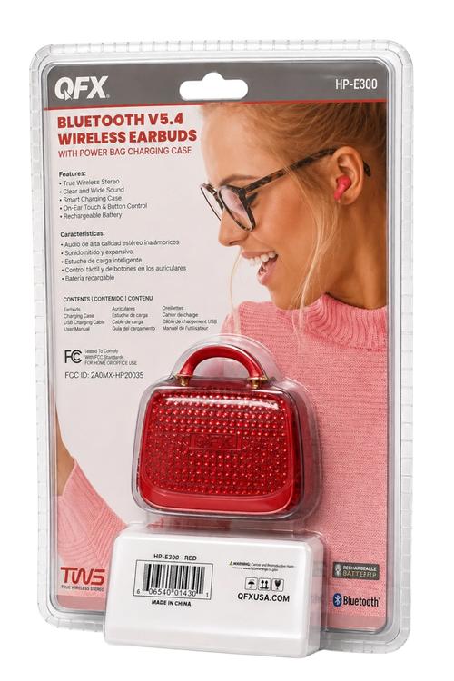 QFX Bluetooth 5.4 TWS Wireless Earbuds with Portable Charging Case, Built-in Mic and Up to 10 Hours Playtime Red HPE300