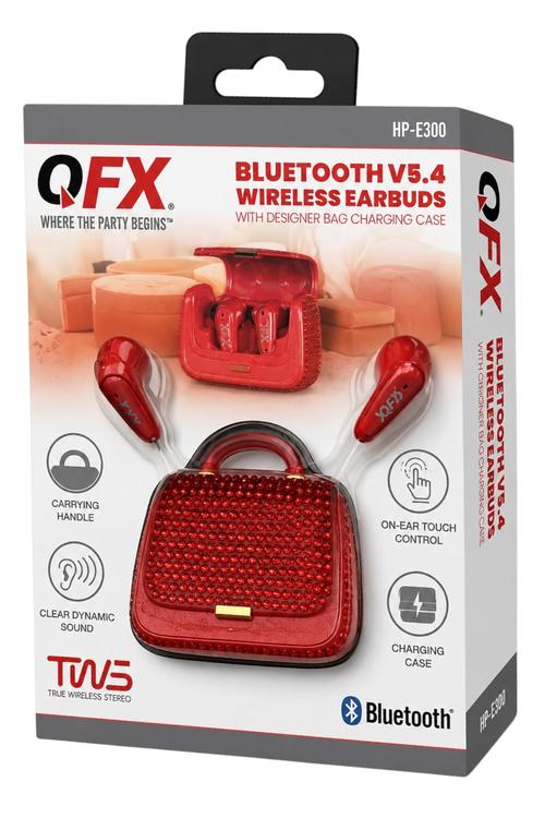 QFX Bluetooth 5.4 TWS Wireless Earbuds with Portable Charging Case, Built-in Mic and Up to 10 Hours Playtime Red HPE300