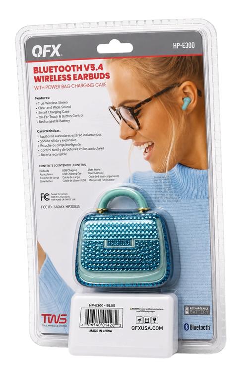 QFX Bluetooth 5.4 TWS Wireless Earbuds with Portable Charging Case, Built-in Mic and Up to 10 Hours Playtime Blue HPE300