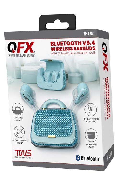 QFX Bluetooth 5.4 TWS Wireless Earbuds with Portable Charging Case, Built-in Mic and Up to 10 Hours Playtime Blue HPE300