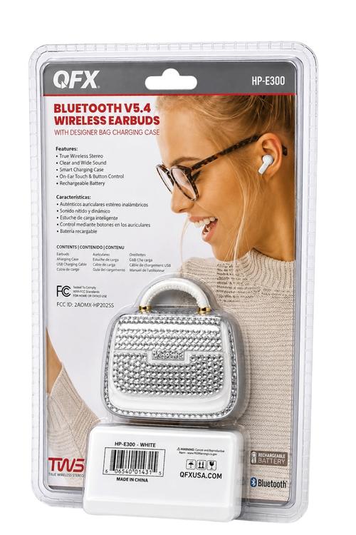 QFX Bluetooth 5.4 TWS Wireless Earbuds with Portable Charging Case, Built-in Mic and Up to 10 Hours Playtime White HPE300