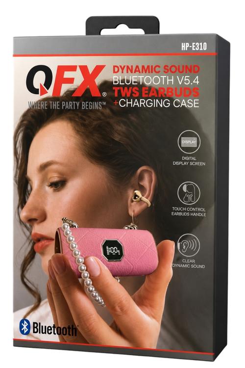 QFX Dynamic Sound Bluetooth 5.4 TWS Earbuds with LED Digital Charging Case, Touch Controls Pink HPE310