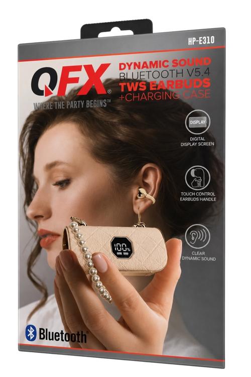 QFX Dynamic Sound Bluetooth 5.4 TWS Earbuds with LED Digital Charging Case, Touch Controls Beige HPE310