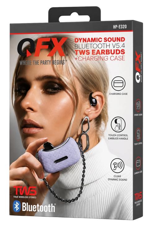 QFX Dynamic Sound Bluetooth 5.4 TWS Earbuds with Digital Display Charging Case and Touch Controls Purple HPE320
