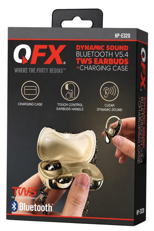 QFX Dynamic Sound Bluetooth 5.4 TWS Earbuds with Digital Display Charging Case and Touch Controls Beige HPE320