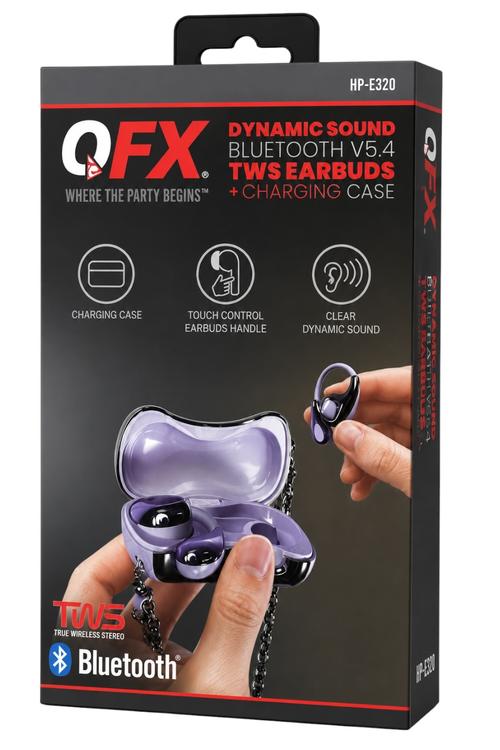 QFX Dynamic Sound Bluetooth 5.4 TWS Earbuds with Digital Display Charging Case and Touch Controls Purple HPE320