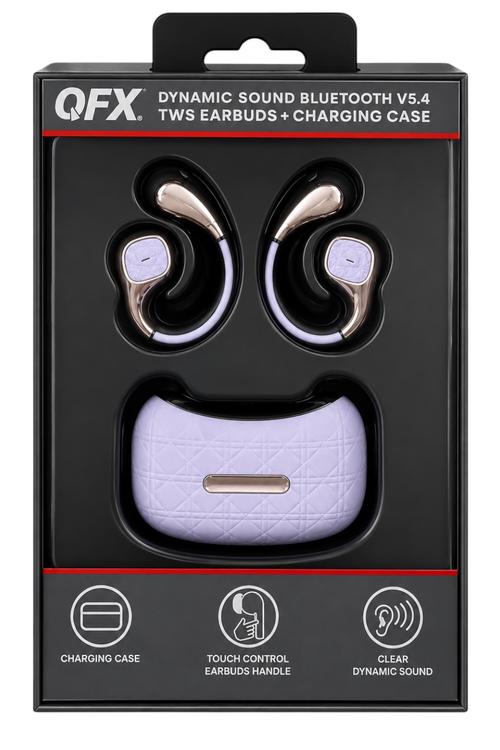 QFX Dynamic Sound Bluetooth 5.4 TWS Earbuds with Digital Display Charging Case and Touch Controls Purple HPE320