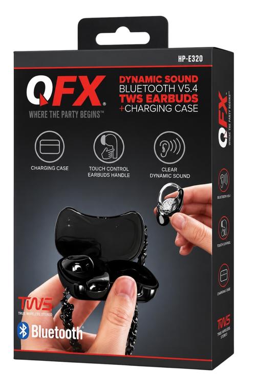 QFX Dynamic Sound Bluetooth 5.4 TWS Earbuds with Digital Display Charging Case and Touch Controls Black HPE320