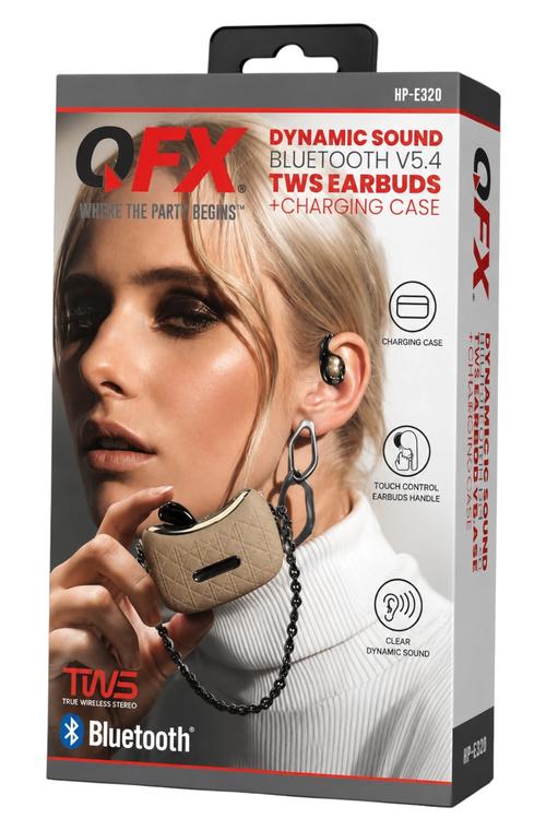 QFX Dynamic Sound Bluetooth 5.4 TWS Earbuds with Digital Display Charging Case and Touch Controls Beige HPE320