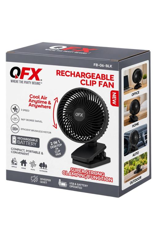 QFX Rechargeable 2in1 Clip and Desk Fan, Black FB06BLK