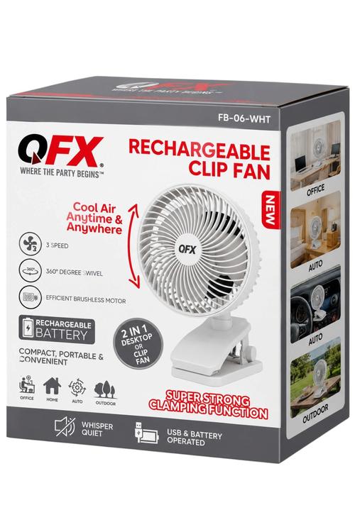 QFX Rechargeable 2in1 Clip and Desk Fan, White FB06WHT