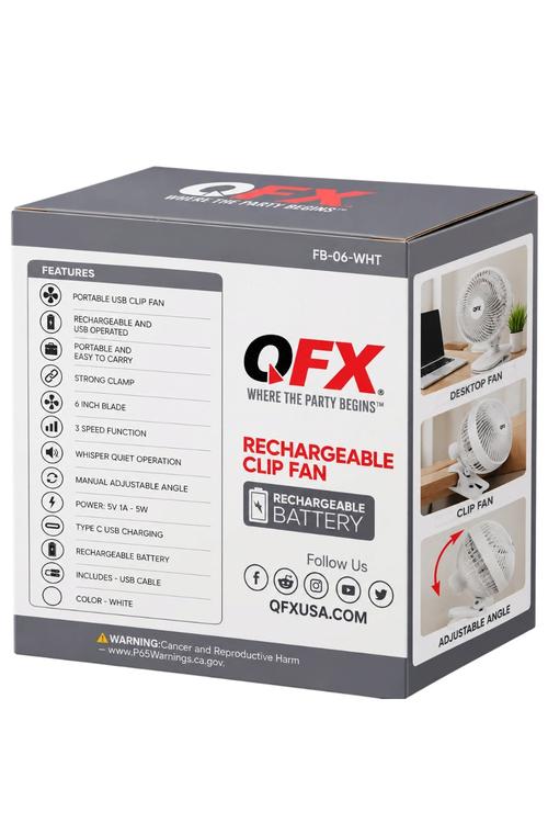 QFX Rechargeable 2in1 Clip and Desk Fan, White FB06WHT