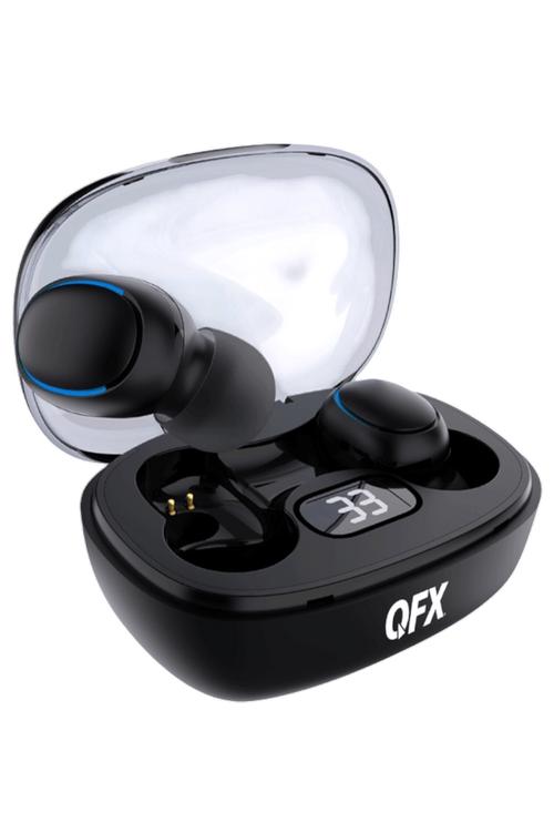 QFX Splashproof Bluetooth 5.3 TWS Earbuds with LED Battery Display Charging Case Black HPE50  