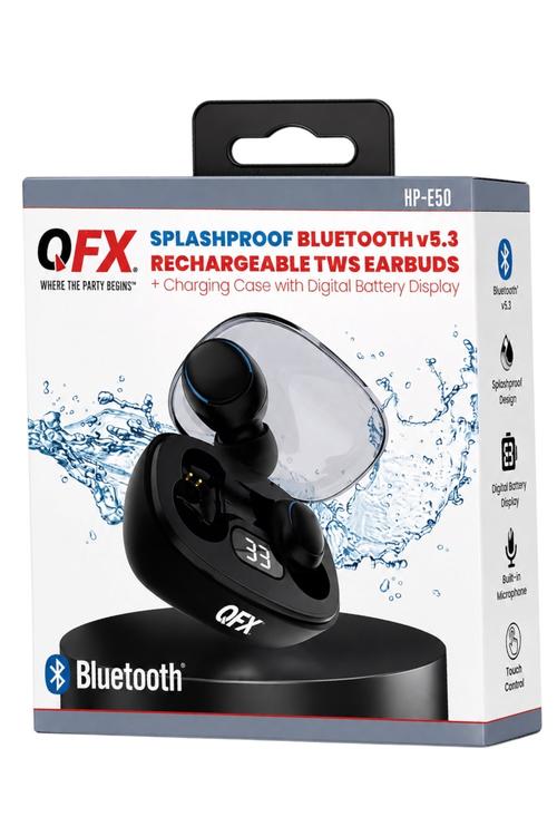 QFX Splashproof Bluetooth 5.3 TWS Earbuds with LED Battery Display Charging Case Black HPE50  