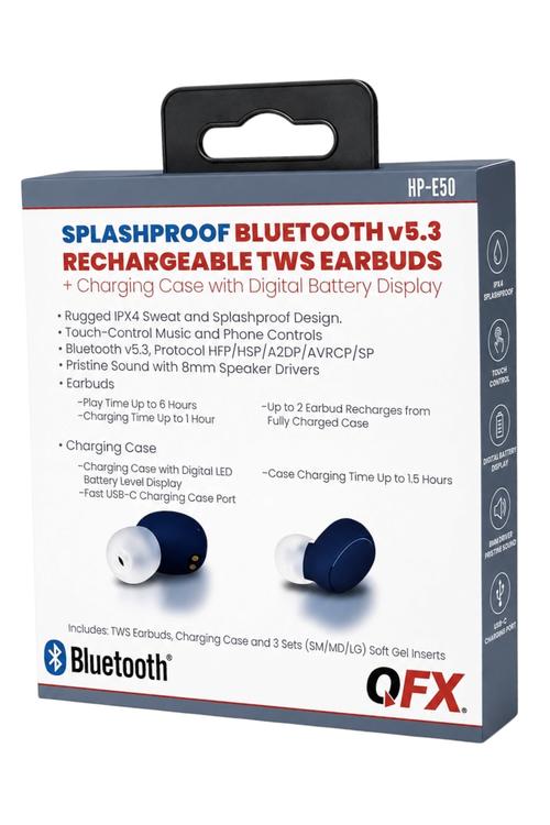 QFX Splashproof Bluetooth 5.3 TWS Earbuds with LED Battery Display Charging Case Blue HPE50