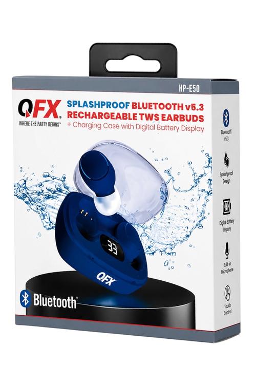 QFX Splashproof Bluetooth 5.3 TWS Earbuds with LED Battery Display Charging Case Blue HPE50