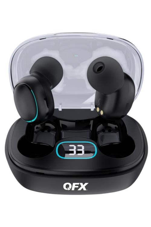 QFX Splashproof Bluetooth 5.3 TWS Earbuds with LED Battery Display Charging Case Black HPE50  