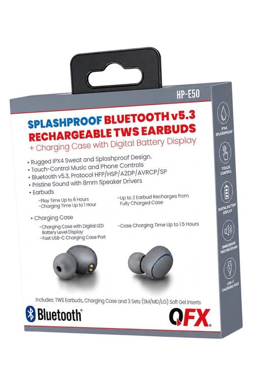 QFX Splashproof Bluetooth 5.3 TWS Earbuds with LED Battery Display Charging Case Gray HPE50