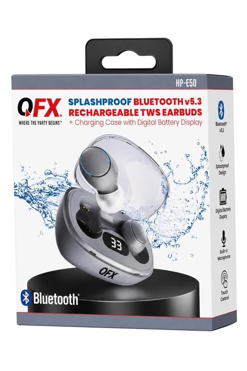 QFX Splashproof Bluetooth 5.3 TWS Earbuds with LED Battery Display Charging Case Gray HPE50