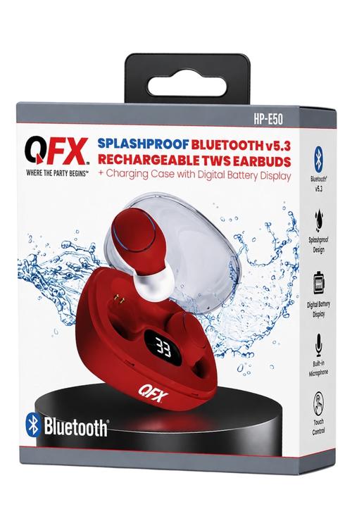 QFX Splashproof Bluetooth 5.3 TWS Earbuds with LED Battery Display Charging Case Red HPE50