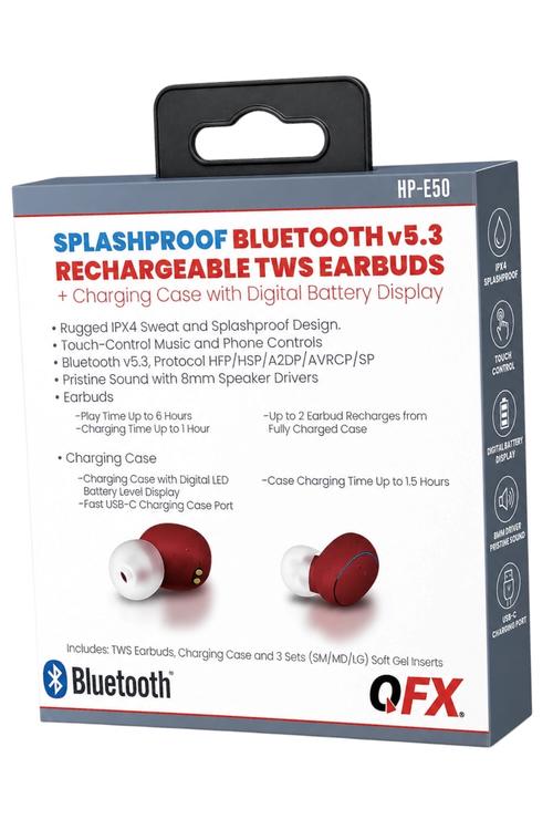 QFX Splashproof Bluetooth 5.3 TWS Earbuds with LED Battery Display Charging Case Red HPE50