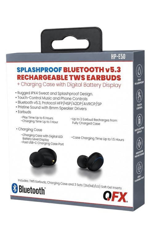 QFX Splashproof Bluetooth 5.3 TWS Earbuds with LED Battery Display Charging Case Black HPE50  