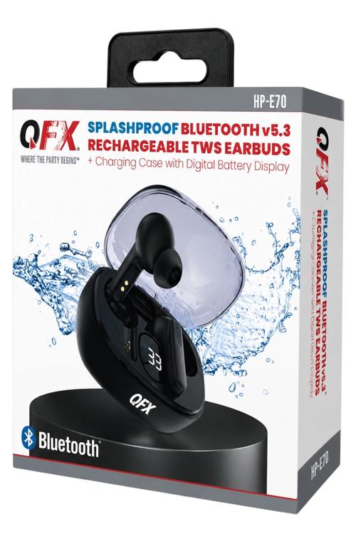 QFX Splashproof Bluetooth 5.3 True Wireless Earbuds with Digital Display Charging Case Black HPE70