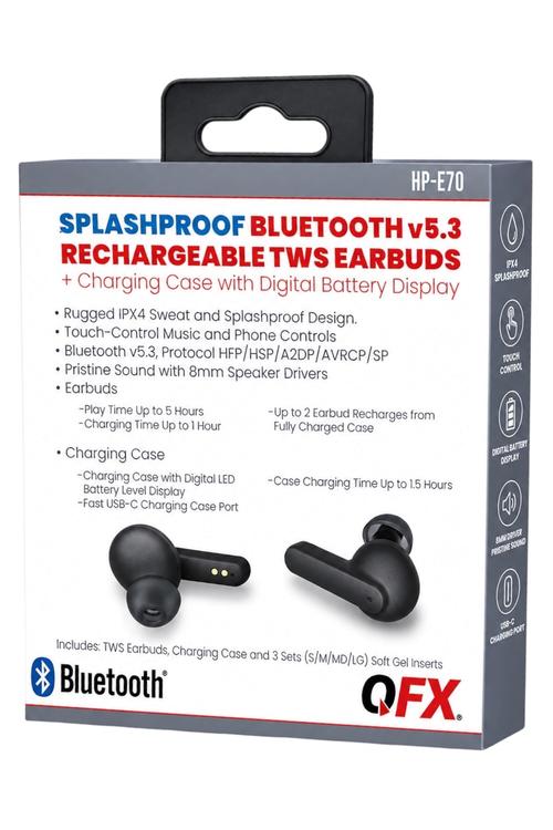 QFX Splashproof Bluetooth 5.3 True Wireless Earbuds with Digital Display Charging Case Black HPE70