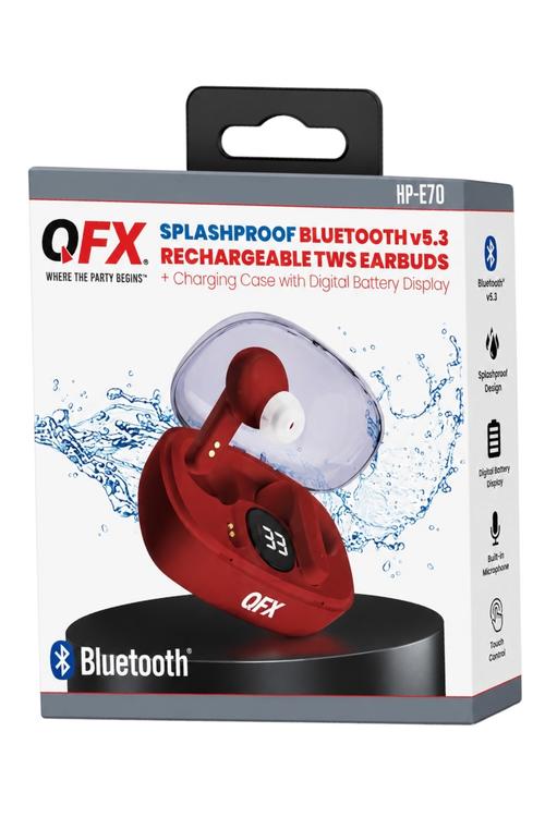 QFX Splashproof Bluetooth 5.3 True Wireless Earbuds with Digital Display Charging Case Red HPE70