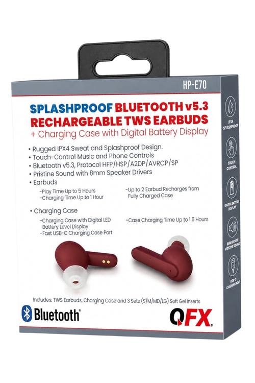 QFX Splashproof Bluetooth 5.3 True Wireless Earbuds with Digital Display Charging Case Red HPE70