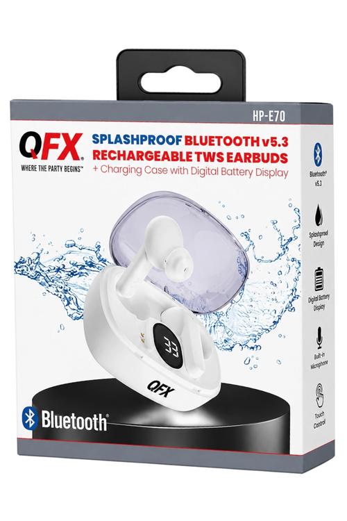 QFX Splashproof Bluetooth 5.3 True Wireless Earbuds with Digital Display Charging Case  White HPE70
