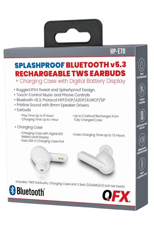 QFX Splashproof Bluetooth 5.3 True Wireless Earbuds with Digital Display Charging Case  White HPE70