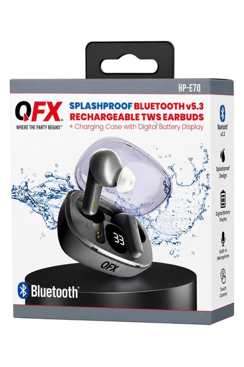QFX Splashproof Bluetooth 5.3 True Wireless Earbuds with Digital Display Charging Case Gray HPE70