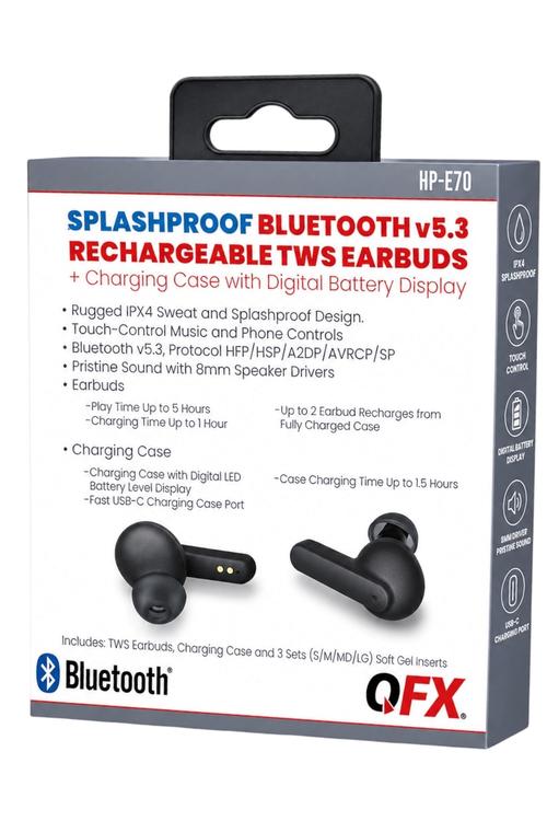 QFX Splashproof Bluetooth 5.3 True Wireless Earbuds with Digital Display Charging Case Gray HPE70