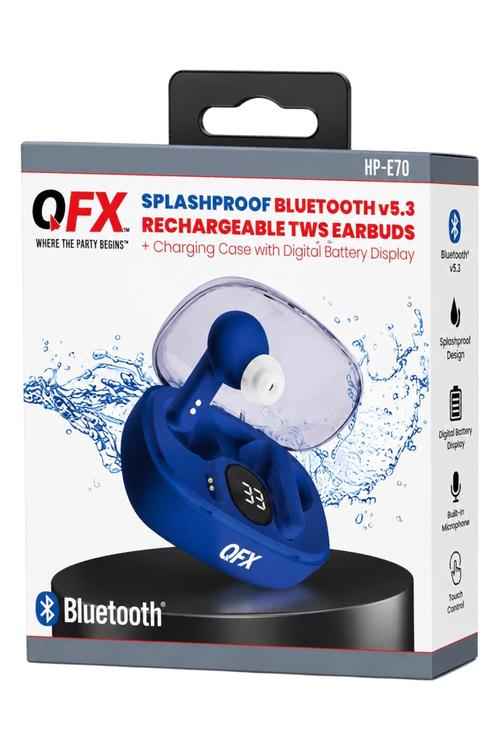 QFX Splashproof Bluetooth 5.3 True Wireless Earbuds with Digital Display Charging Case Blue HPE70