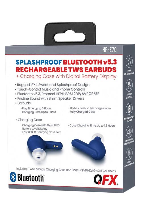 QFX Splashproof Bluetooth 5.3 True Wireless Earbuds with Digital Display Charging Case Blue HPE70