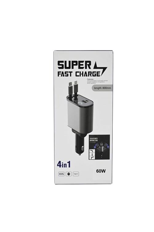 Retractable 60W Lightning And Type-C Cables inside Car Charger With PD and USB Port