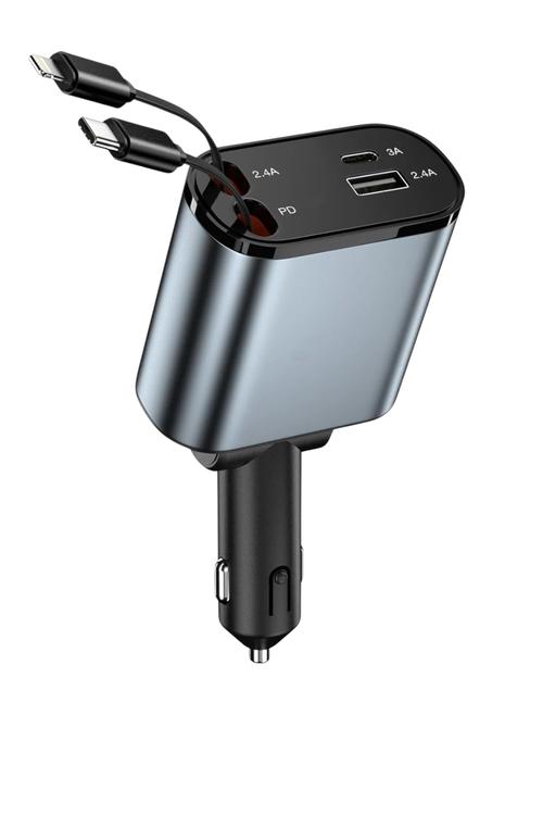 Retractable 60W Lightning And Type-C Cables inside Car Charger With PD and USB Port