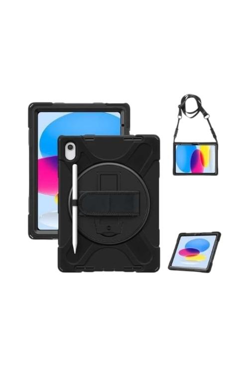Rugged Anti-Shock Case for iPad 10.9 Gen 10 with Kickstand and Hand Strap Black