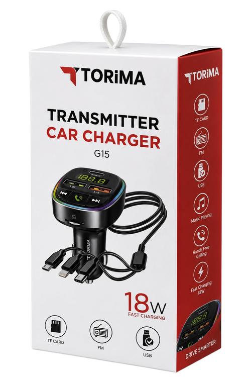 Torima 18W Fast-Charging Bluetooth Car FM Transmitter with Built-In Charging Cables G15