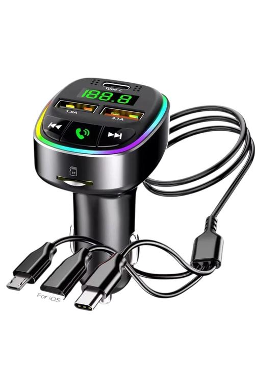 Torima 18W Fast-Charging Bluetooth Car FM Transmitter with Built-In Charging Cables G15