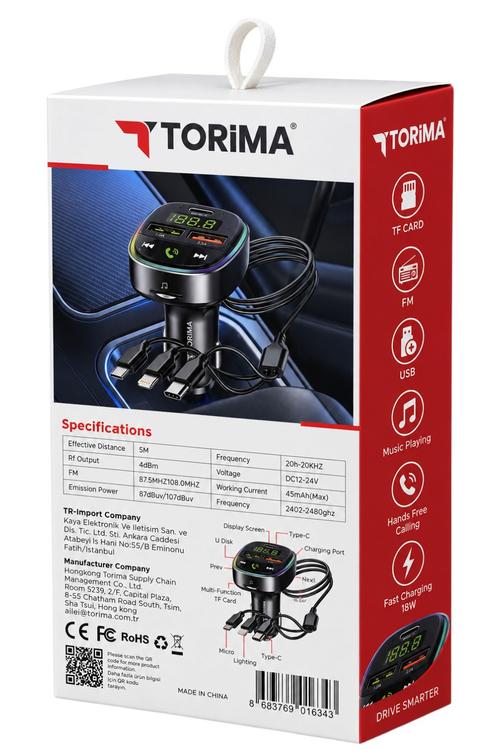 Torima 18W Fast-Charging Bluetooth Car FM Transmitter with Built-In Charging Cables G15