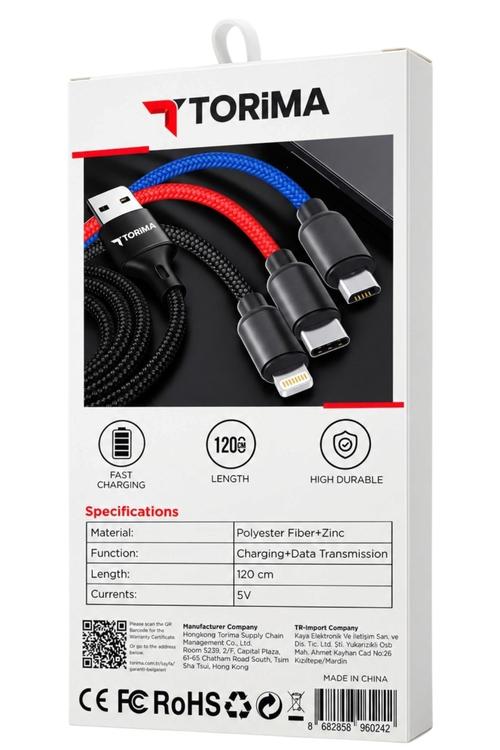 Torima 4FT 3in1 Fast Charging Braided Cable with USB-C, 8-Pin and Micro USB U35