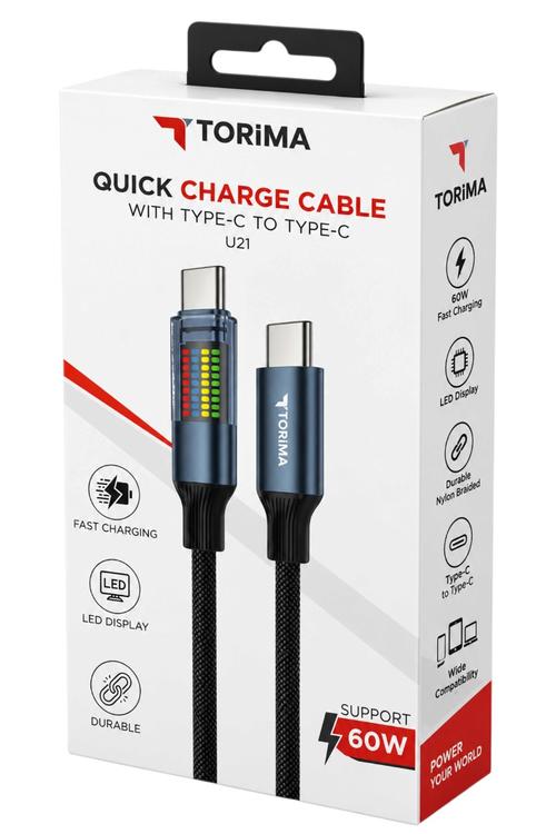 Torima 60W USB-C to USB-C Fast Charging Braided Cable with LED Screen U21