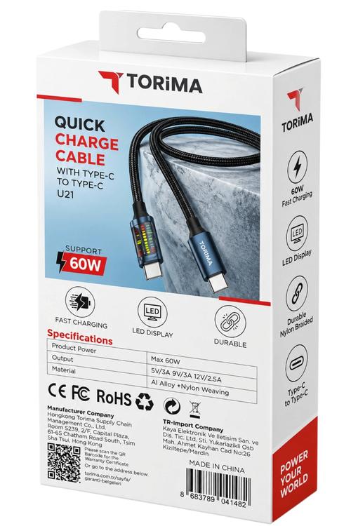 Torima 60W USB-C to USB-C Fast Charging Braided Cable with LED Screen U21