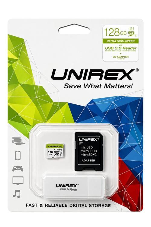 Unirex 128GB microSDXC Memory Card with USB 3.0 Reader and SD Adapter MTC128S