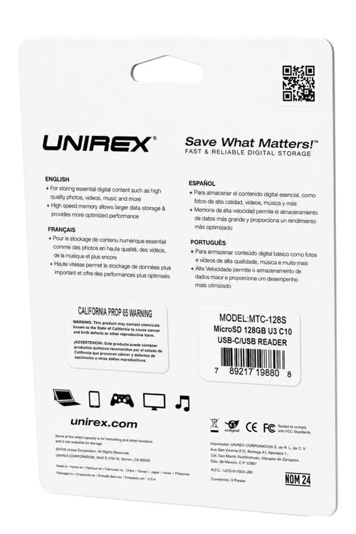 Unirex 128GB microSDXC Memory Card with USB 3.0 Reader and SD Adapter MTC128S