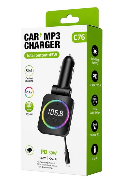 Universal 45W Car MP3 Charger with FM Transmitter, LED Display and USB-C Cable C76